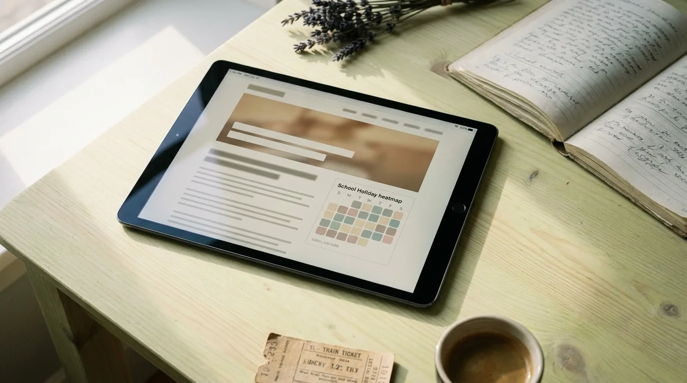 Tablet auf ruhigem Planungstisch mit Blog-Layout und eingebettetem Schulferienkalender-Widget