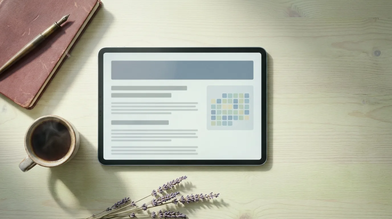 Tablet auf hellem Schreibtisch mit Schul-Website und Schulferienkalender-Widget, daneben Notizbuch, Füller und Kaffee