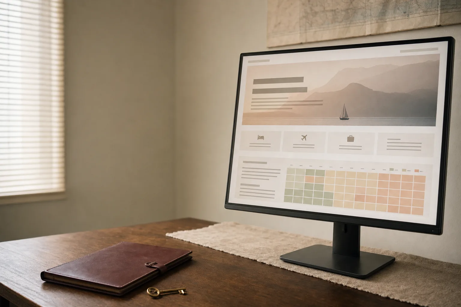 Monitor auf ruhigem Schreibtisch mit Reisebüro-Landingpage und eingebettetem Schulferienkalender-Widget