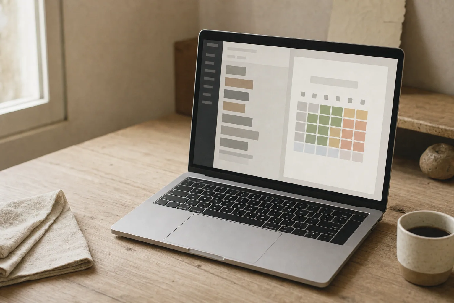Offener Laptop auf hellem Holztisch mit generischem Editor und Schulferienkalender-Widget in der Vorschau